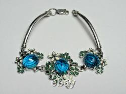 Vintage Sterling Silver 925 Floral Bracelet Blue Stone Enamel Collectible