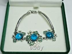 Vintage Sterling Silver 925 Floral Bracelet Blue Stone Enamel Collectible
