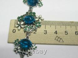 Vintage Sterling Silver 925 Floral Bracelet Blue Stone Enamel Collectible
