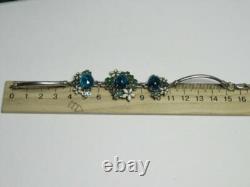 Vintage Sterling Silver 925 Floral Bracelet Blue Stone Enamel Collectible