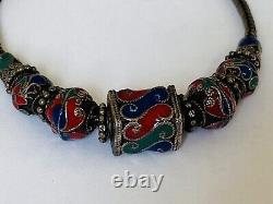 Vintage Sterling Silver Ball Bead Blue Red Enamel Scroll Bali Chain Bracelet
