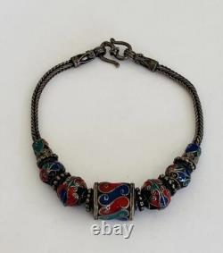 Vintage Sterling Silver Ball Blue Red Enamel Bead Tribal Foxtail Chain Bracelet