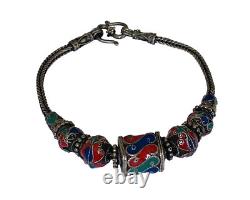 Vintage Sterling Silver Ball Blue Red Enamel Bead Tribal Foxtail Chain Bracelet