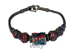 Vintage Sterling Silver Ball Blue Red Enamel Bead Tribal Foxtail Chain Bracelet