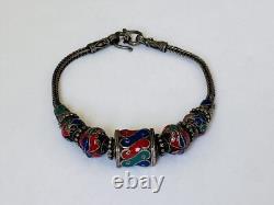 Vintage Sterling Silver Ball Blue Red Enamel Bead Tribal Foxtail Chain Bracelet