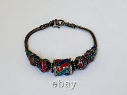 Vintage Sterling Silver Ball Blue Red Enamel Bead Tribal Foxtail Chain Bracelet