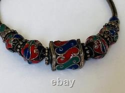 Vintage Sterling Silver Ball Blue Red Enamel Bead Tribal Foxtail Chain Bracelet