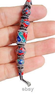 Vintage Sterling Silver Ball Blue Red Enamel Bead Tribal Foxtail Chain Bracelet