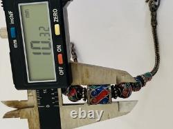 Vintage Sterling Silver Ball Blue Red Enamel Bead Tribal Foxtail Chain Bracelet