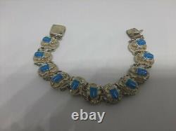Vintage Sterling Silver Blue Enamel Egyptian Scarab Beetle Bracelet 8inch 29.4g