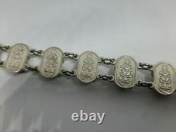 Vintage Sterling Silver Blue Enamel Egyptian Scarab Beetle Bracelet 8inch 29.4g