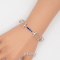 Vintage Sterling Silver Blue Enamel Modernist Link Bracelet(P3674C-NAH)