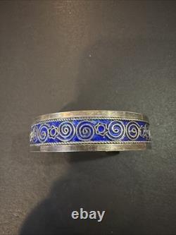 Vintage Sterling Silver Blue Enamel Moroccan Cuff Bracelet