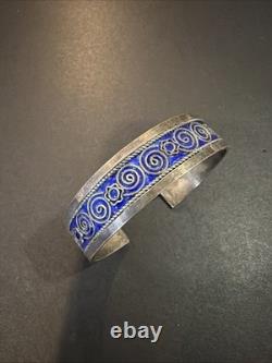 Vintage Sterling Silver Blue Enamel Moroccan Cuff Bracelet