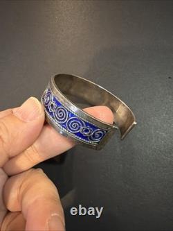 Vintage Sterling Silver Blue Enamel Moroccan Cuff Bracelet
