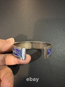 Vintage Sterling Silver Blue Enamel Moroccan Cuff Bracelet