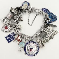 Vintage Sterling Silver Blue Enamel Travel Chunky Full Charm Bracelet 19 Charms