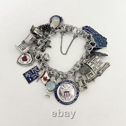 Vintage Sterling Silver Blue Enamel Travel Chunky Full Charm Bracelet 19 Charms