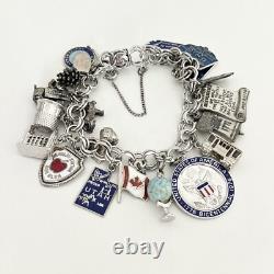 Vintage Sterling Silver Blue Enamel Travel Chunky Full Charm Bracelet 19 Charms