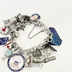 Vintage Sterling Silver Blue Enamel Travel Chunky Full Charm Bracelet 19 Charms