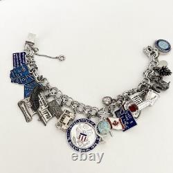Vintage Sterling Silver Blue Enamel Travel Chunky Full Charm Bracelet 19 Charms