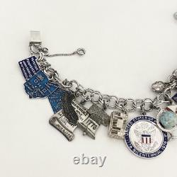 Vintage Sterling Silver Blue Enamel Travel Chunky Full Charm Bracelet 19 Charms