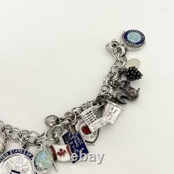 Vintage Sterling Silver Blue Enamel Travel Chunky Full Charm Bracelet 19 Charms