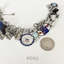 Vintage Sterling Silver Blue Enamel Travel Chunky Full Charm Bracelet 19 Charms
