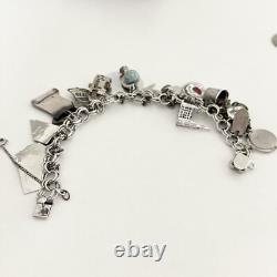 Vintage Sterling Silver Blue Enamel Travel Chunky Full Charm Bracelet 19 Charms