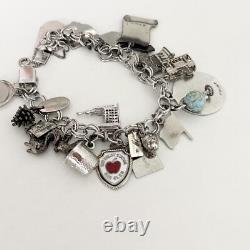 Vintage Sterling Silver Blue Enamel Travel Chunky Full Charm Bracelet 19 Charms