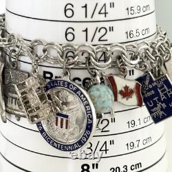 Vintage Sterling Silver Blue Enamel Travel Chunky Full Charm Bracelet 19 Charms