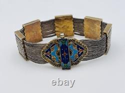 Vintage Sterling Silver Blue & Green Enamel Chain Bangle Bracelet