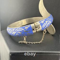 Vintage Sterling Silver Bracelet Cornflower Blue Enamel Niello Dancer Siam 7.5