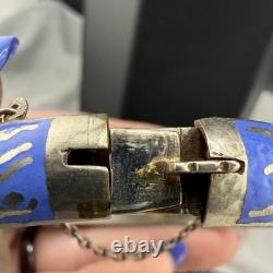 Vintage Sterling Silver Bracelet Cornflower Blue Enamel Niello Dancer Siam 7.5