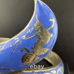Vintage Sterling Silver Bracelet Cornflower Blue Enamel Niello Dancer Siam 7.5