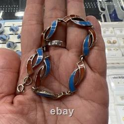 Vintage Sterling Silver Bracelet with Orange And Blue Enamel color 7.5