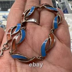 Vintage Sterling Silver Bracelet with Orange And Blue Enamel color 7.5