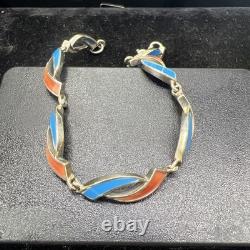 Vintage Sterling Silver Bracelet with Orange And Blue Enamel color 7.5