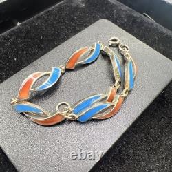 Vintage Sterling Silver Bracelet with Orange And Blue Enamel color 7.5