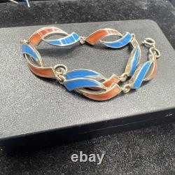 Vintage Sterling Silver Bracelet with Orange And Blue Enamel color 7.5