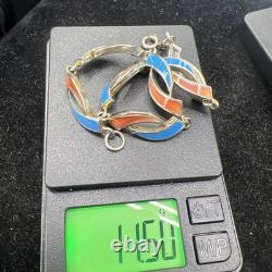 Vintage Sterling Silver Bracelet with Orange And Blue Enamel color 7.5