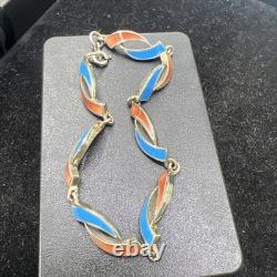Vintage Sterling Silver Bracelet with Orange And Blue Enamel color 7.5