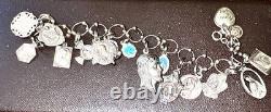 Vintage Sterling Silver Charm Bracelet 17 Medals 26g Jesus WithCrown Thorns