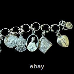 Vintage Sterling Silver Charm Bracelet 17 Medals 26g Jesus WithCrown Thorns