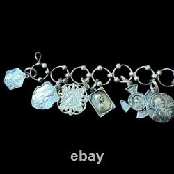 Vintage Sterling Silver Charm Bracelet 17 Medals 26g Jesus WithCrown Thorns