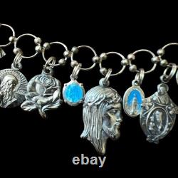 Vintage Sterling Silver Charm Bracelet 17 Medals 26g Jesus WithCrown Thorns Vintage Sterling Silver Charm Bracelet 17 Medals 26g Jesus WithCrown Thorns