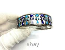 Vintage Sterling Silver Egyptian Blue Enamel Ankh Design Cuff Bracelet