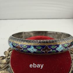 Vintage Sterling Silver Enamel Cloisonné Floral Bangle Bracelet 3 ID 36g. 925