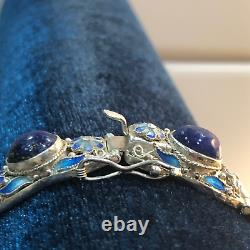 Vintage Sterling Silver Lapis Lazuli Filigree Enamel Bracelet 7 Inch
