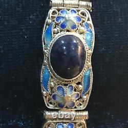 Vintage Sterling Silver Lapis Lazuli Filigree Enamel Bracelet 7 Inch